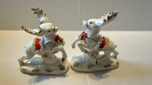 Vintage 1950er Napco Weihnachtsschlitten Übertopf mit 2 Rentieren Spaghettiborte Japan LESEN - Bild 12 von 13