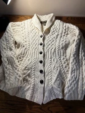 Inis Crafts Sweater Womens M Cream Merino Wool Cardigan Ireland Fisherman