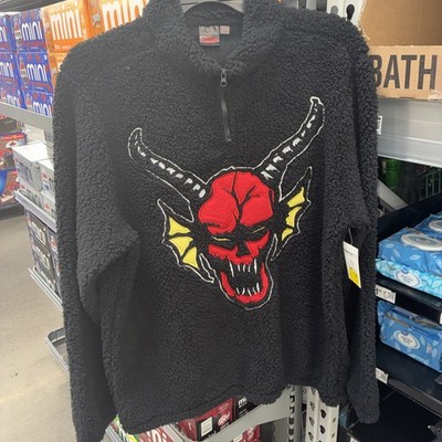 Stranger Things Netflix Hellfire Club Sherpa Embroidery Quarter Zip Black SizeXL