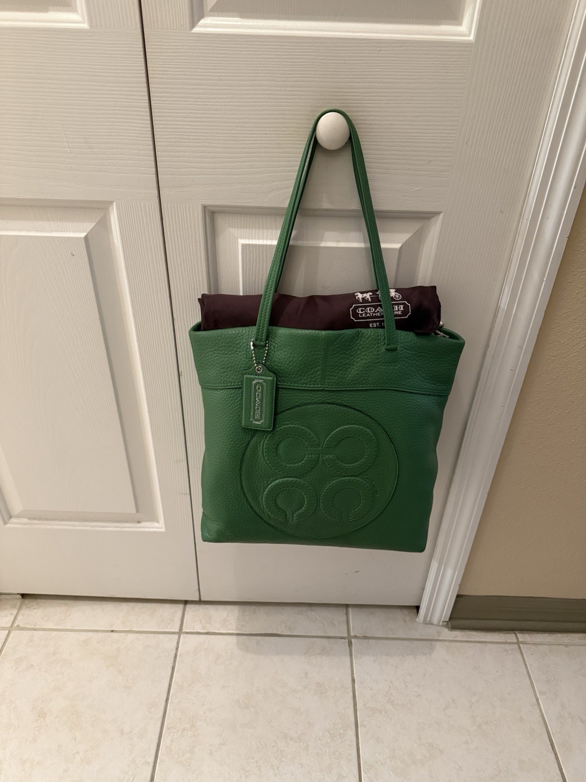 Coach Large Hunter Green Leather Tote With Raised Lettering