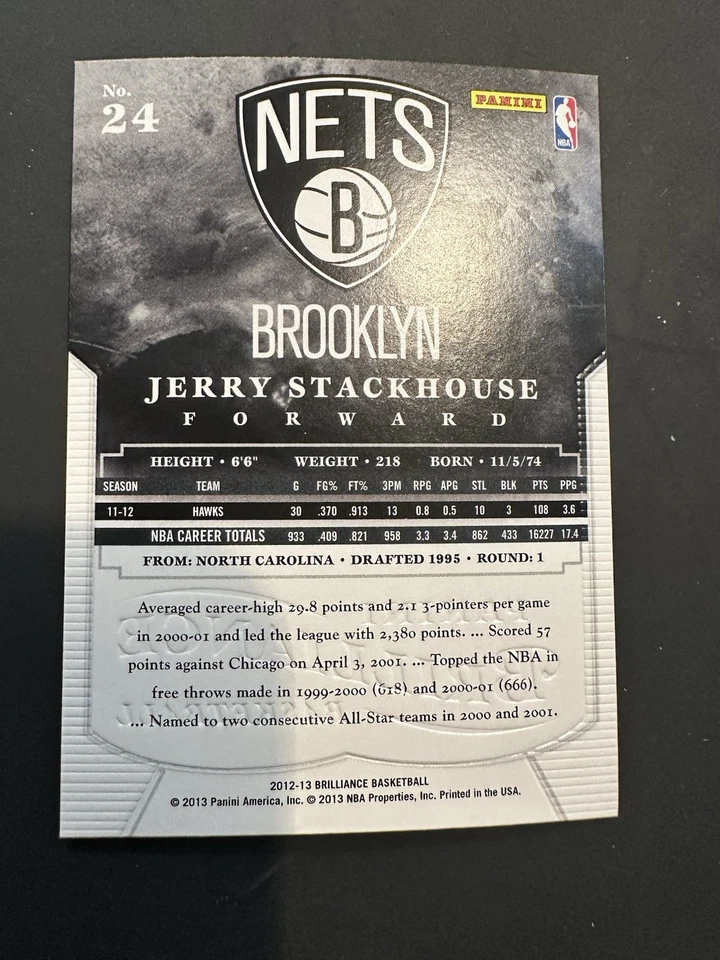 2012-13 Panini Brilliance Jerry Stackhouse #24 Brooklyn Nets - Image 2 of 2