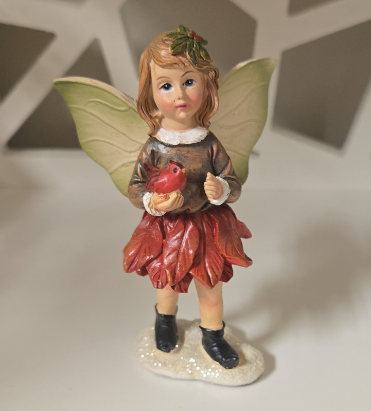 Fantasy Theme Fairy Figurine with Wings Holding Red Bird - Fairy Decor