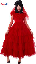 Women'S Red Gothic Bride Costume, Haunted Wedding Dress with Veil Halloween