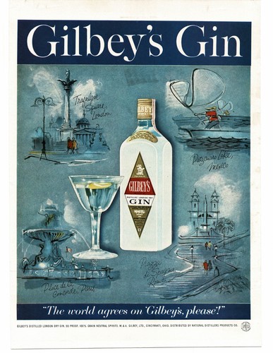 1959 Gilbey's Gin famous landmarks around the world art Vintage Print Ad