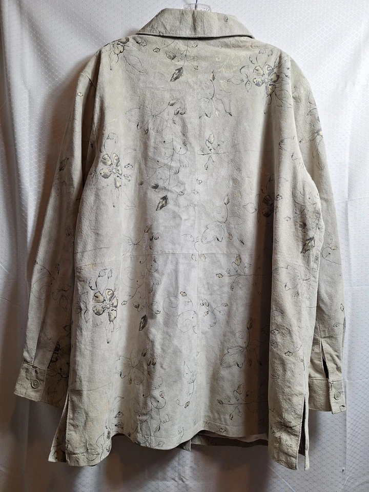 Vtg DIALOGUE Genuine Leather Suede Painted Floral Jacket Sz 1X Green Art-To-Wear - Image 2 of 4