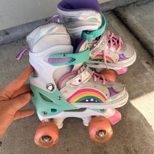 Rainbow Holographic Adjustable Roller Skates with Light Up Wheels