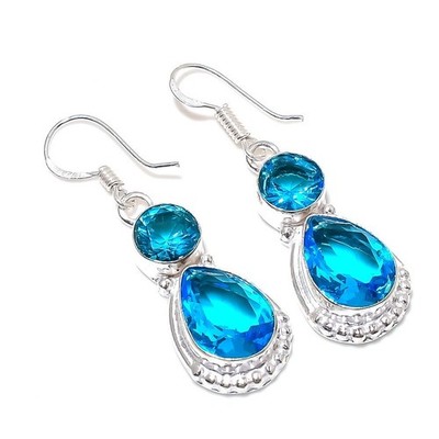 Swiss Blue Topaz Gemstone 925 Sterling Silver Jewelry Earring Size 2''