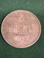 Nicholas II 1894-1917  Russo-Finnish Coinage Copper coin 5 PENNIA 1917