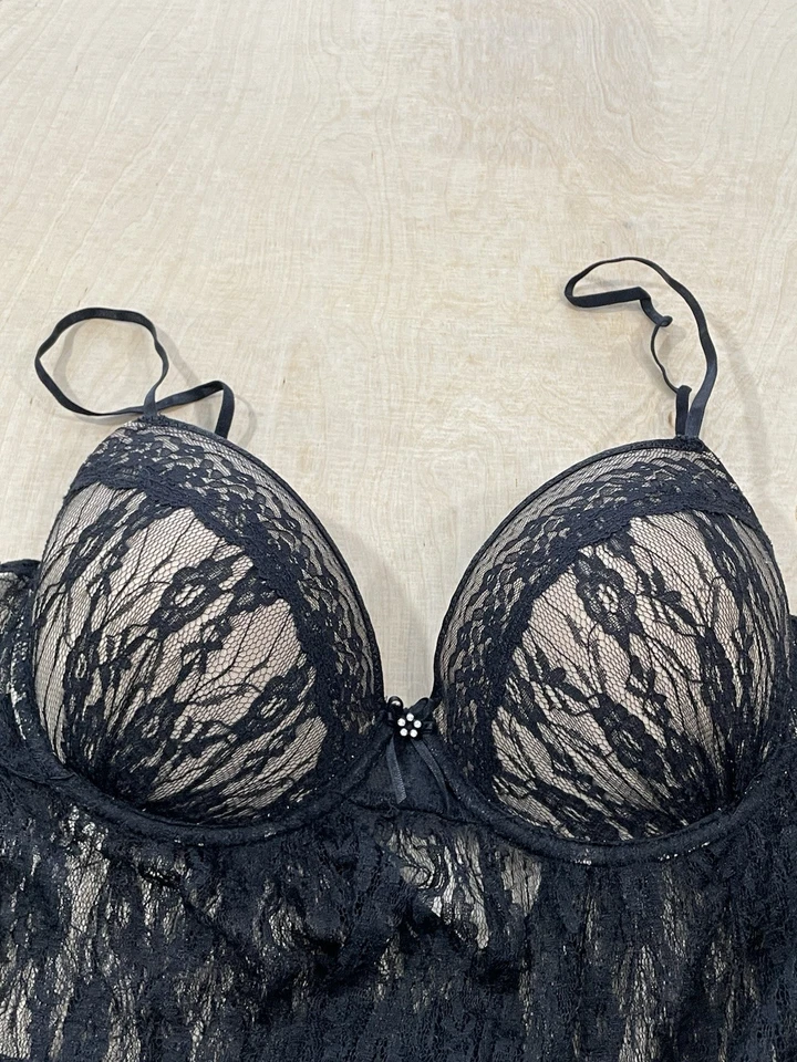 In Bloom by Jonquil Tamanho 1X Babydoll de Renda Preta Bronzeada Chemise, Underwire Acolchoado - Imagem 4 de 4