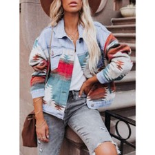 Geometric Button Up Long Sleeve Denim Jacket
