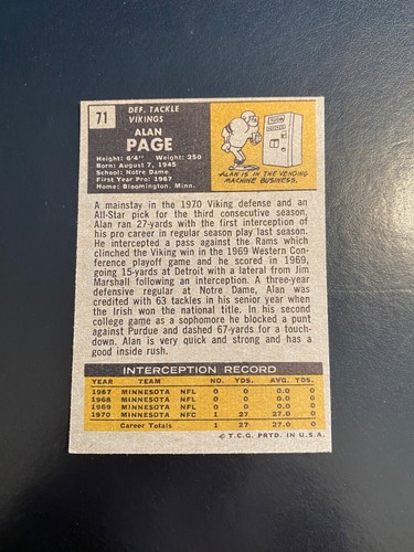 1971 TOPPS FOOTBALL #71 ALAN PAGE!! $1 SHIPPING!! - Picture 2 of 2