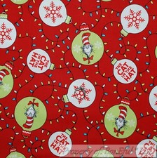 BonEful Fabric FQ Cotton Quilt Red White Green Dr Seuss Cat in the Hat Xmas RARE