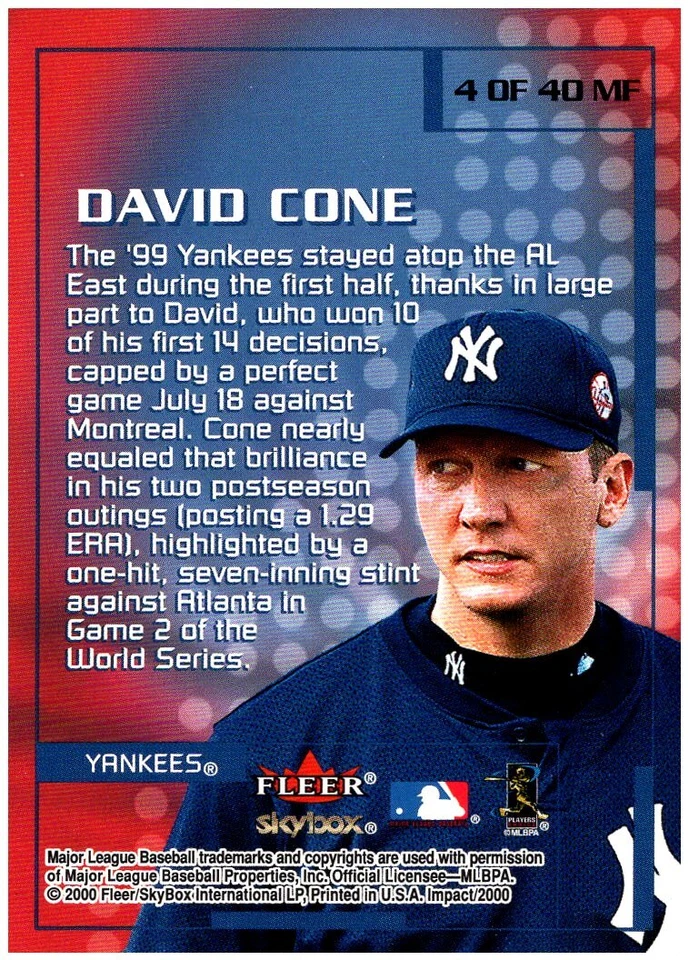 2000 Fleer Impact Mighty Fine in '99 #4MF David Cone FREE SHIPPING! - Image 2 of 2