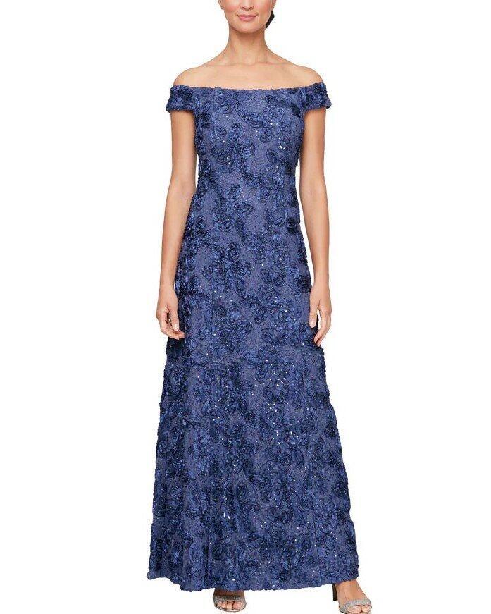 alex evenings electric blue dress Alex Evenings Women's Beaded Neck Cold Shoulder Mesh Sheath Gown - Blue main image 0
