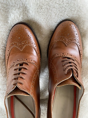 Boden 37 6 6.5 brown tan leather 3" heel wingtip oxford brogue shoes lace up tie - Picture 5 of 9