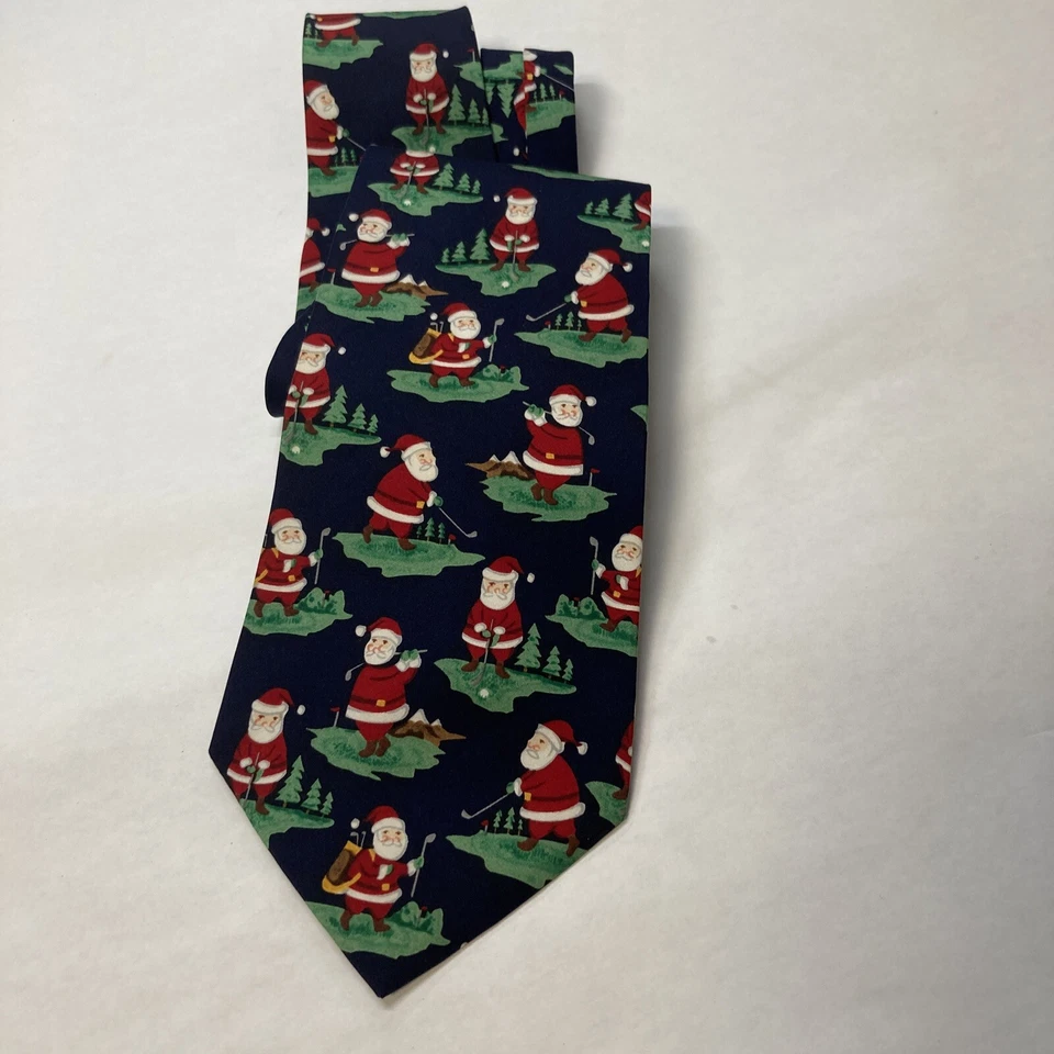 Corbata vintage John Henry azul marino con Papá Noel jugando al golf vacaciones de Navidad Foto 2 de 4