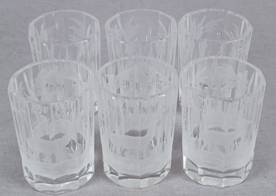 Set of 6 Antique Bohemian Heavily Engraved Woodland Stags Cut Shot Glasses