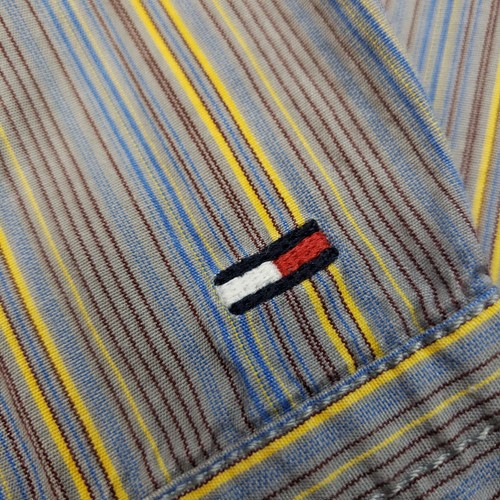 Tommy Hilfiger Mens Shirt Embroidered LARGE Grey Long Sleeve SLIM FIT Striped - Picture 10 of 11