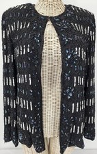 Papell Boutique Black Silk Floral Beads Sequin Evening Dressy Jacket Medium