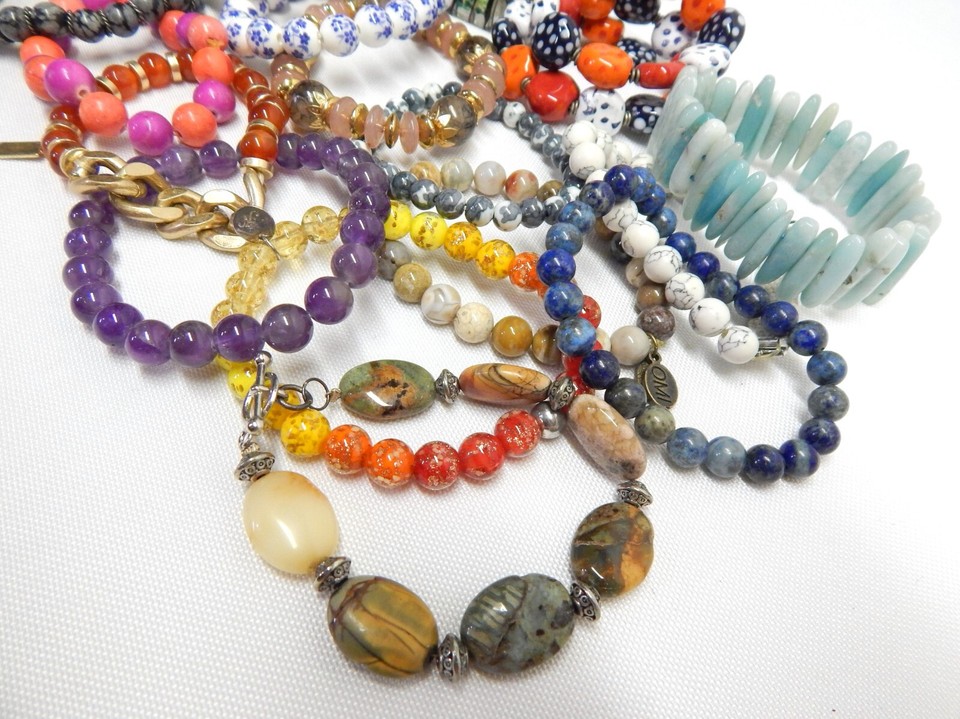 STONE, GLASS & CERAMIC BEAD BRACELET LOT VINTAGE TO NOW FASHION