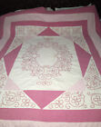 Handmade Pink & White Embroidered Cross Stitched Quilt Bedspread Full/Qn 95x80