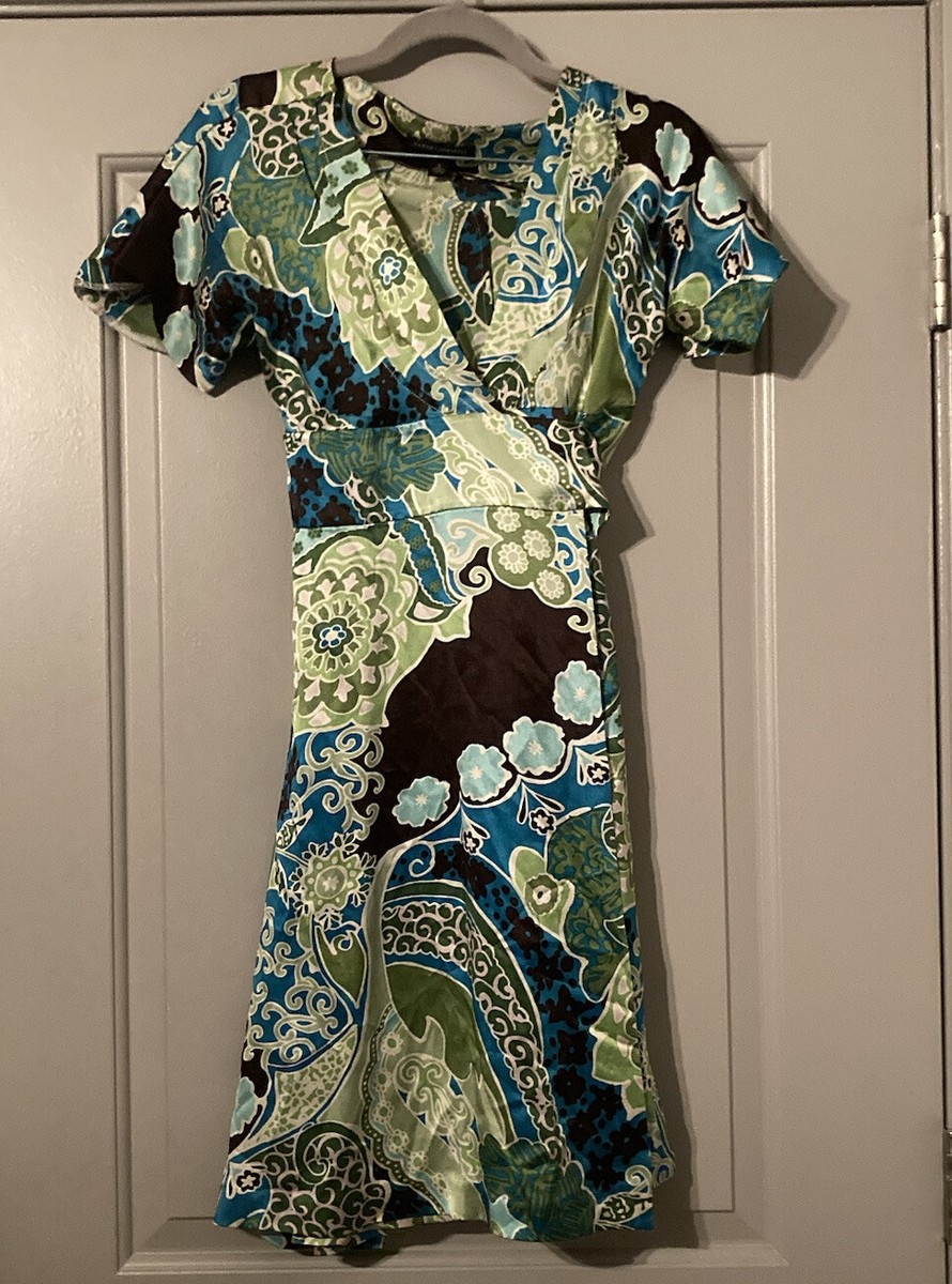 Banana Republic Silk V-Neck Boho Floral Green Wrap Dress Womens 0 | eBay