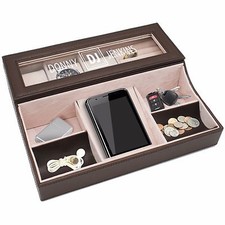 Personalized Custom Engraved Valet Box - Mens Dresser Organizer Brown