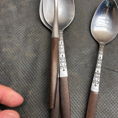 Interpur INR2 Brown Wood Canoe MCM Stainless Flatware 12 spoons Japan - Picture 4 of 4