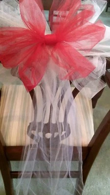 8pc Wedding White And Red Tulle Pew Bows OR ANY COLOR RUSH ORDERS - Image 1 of 2