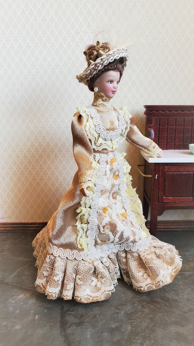 Dollhouse Miniature Victorian Doll Porcelain Fancy Lace Dress and