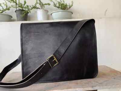 Men's Genuine Goat Leather Vintage Laptop Handmade Messenger Black Bag Satchel