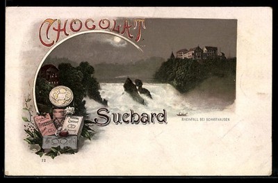 AK Schaffhausen, the Rhine Falls, chocolate advertisement for Chocolat Suchard 