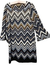R&K Dress Womens Large Shift Brown And Blue Chevron Print Stretch Bell Sleeve L