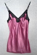 Victoria's Secret Size M Pink Chemise Slip Nightgown Satin Black Lace Trim VTG