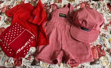 Vintage OSHKOSH 12 mos Red/Wht Stripe Shortalls Conductor Cap Shirt bandana