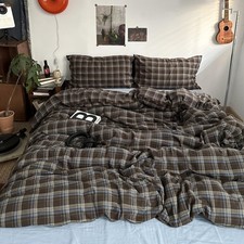 Plaid Duvet Cover Full Size 3 Pieces Blue Brown Buffalo Gingham Comforter Cover