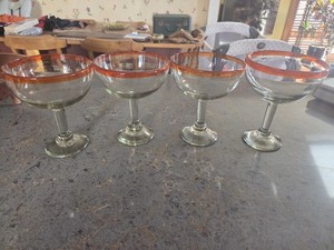 4  Mexican  Margarita or Sangria  Red & Orange Rim Hand Blown Glasses stemmed