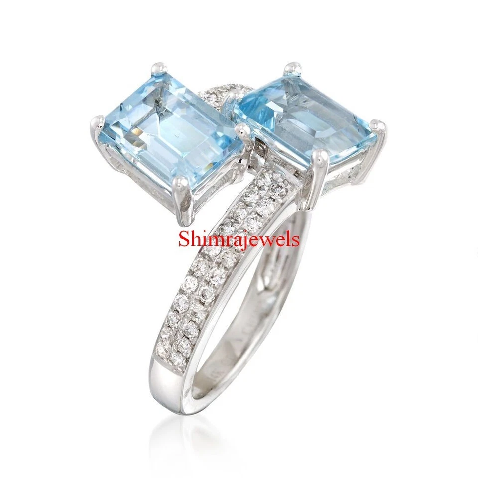 Natürlich Blau Topas Edelstein Mit 18K Weiß Vergoldet Silber Damen Ring #126 - Bild 3 von 4