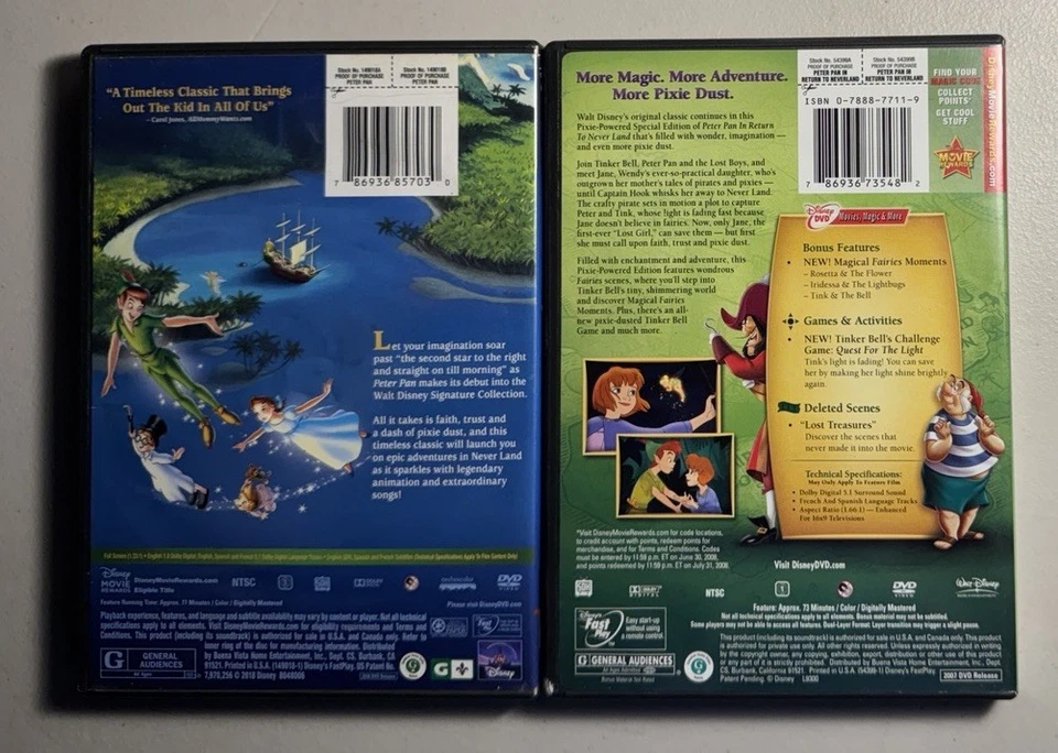 DISNEY - 2 DVD Lot: PETER PAN + RETURN TO NEVER LAND - VERY GOOD! FREE SHIPPING! - Image 2 of 4