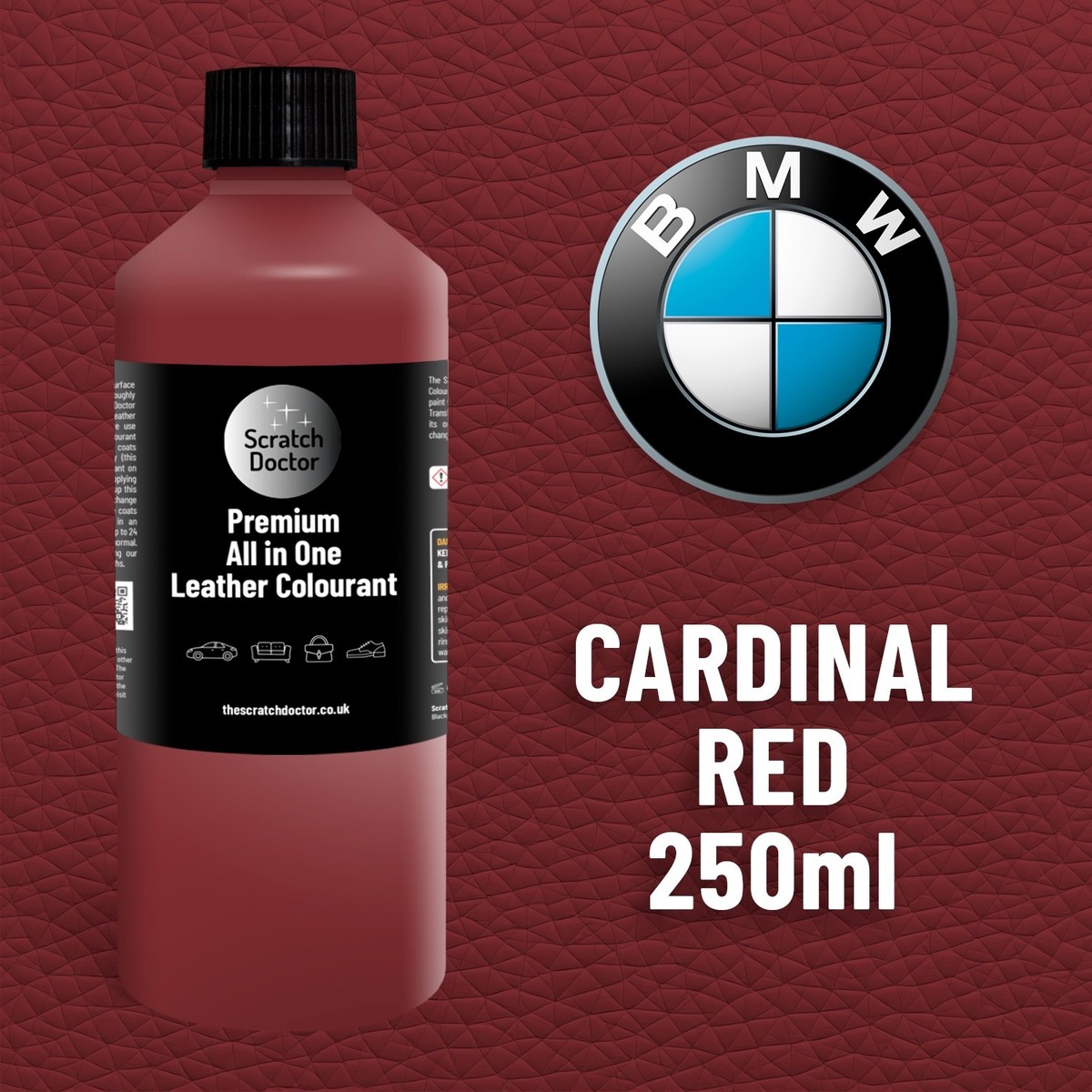 Leather Paint for BMW Car Seat CARDINAL RED. All in One 250ml Dye