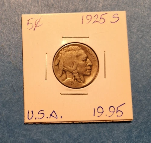 1925-S USA 5 Cent Buffalo Coin - VG10