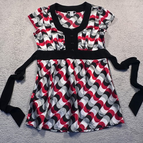 Vintage Y2K Dressbarn Blouse Top Abstract Print Tie Waist Short Sleeve S
