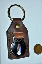 VINTAGE PLYMOUTH BARRACUDA LEATHER KEY CHAIN  METAL ENAMEL DISC 2.5 INCHES LONG