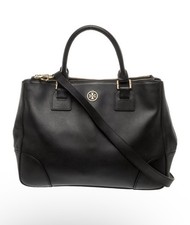 Tory Burch Black Satchel Top Handle Bag Logo Accent Detachable Strap Designer