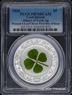 2026 Cook Islands $5 1oz Silver Ounce of Luck Four Leaf Clover PCGS PR70 FDI