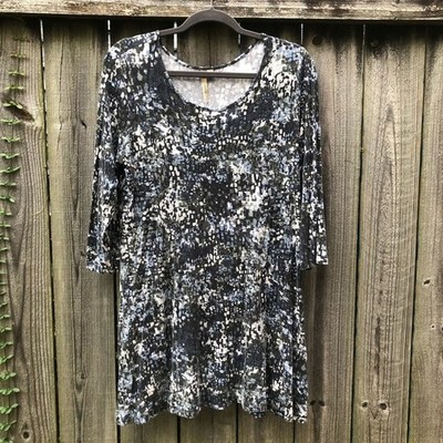 Comfy USA Tunic Top Size L Black Blue White Abstract Print Rayon Blend Soft
