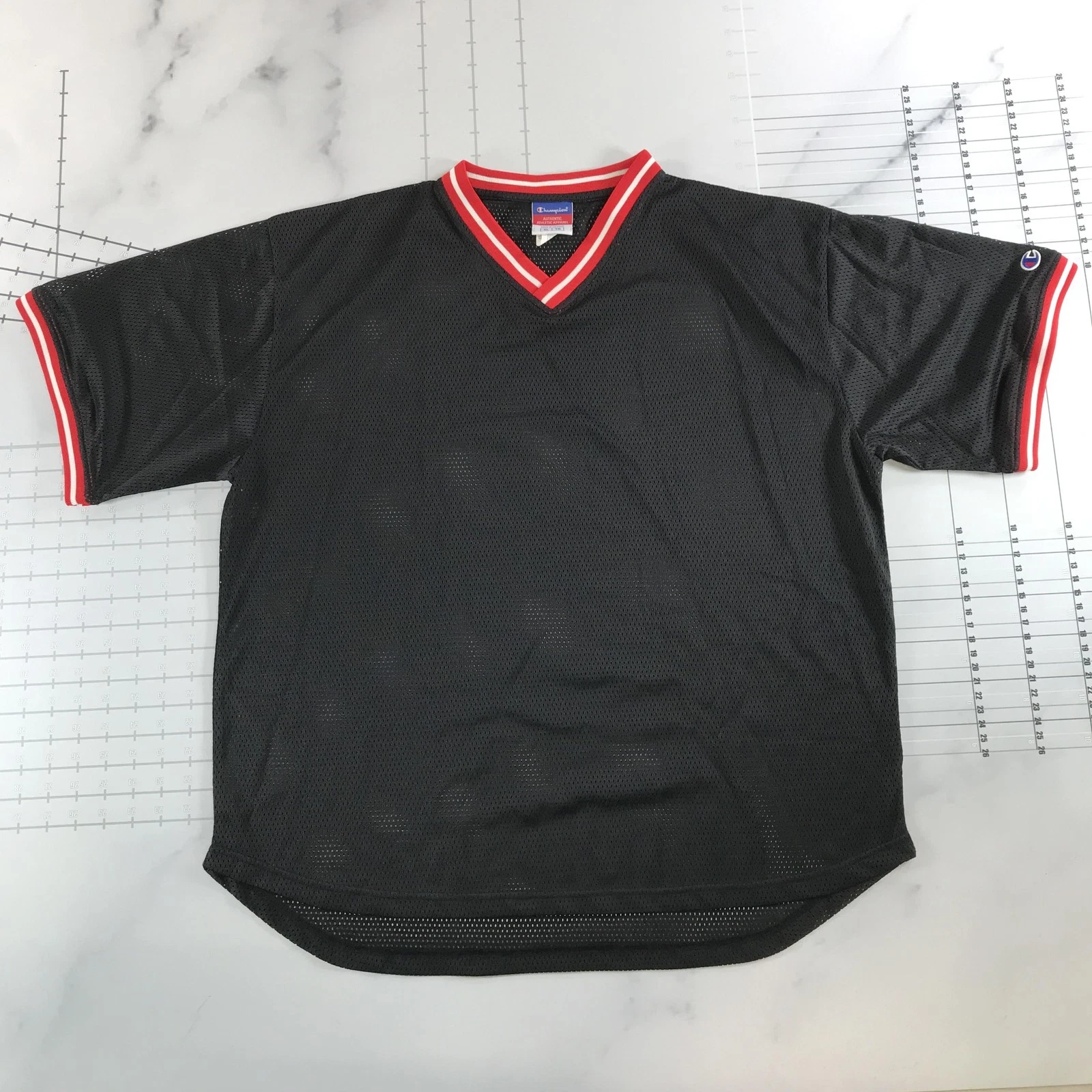 Vintage Champion Shirt Mens XL Black Mesh V-Neck Short Sleeve Baseball Ringer
