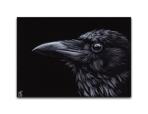 ACEO original art RAVEN crow miniature bird ATC card 2.5"x3.5" animal painting