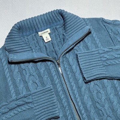 LL Bean Cable Knit Cardigan Sweater Womens Medium Full Zip Blue Cotton Mock Neck