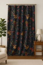 Boho Royal Navy Blue Velvet Bird Print Luxury Curtains, Customizable
